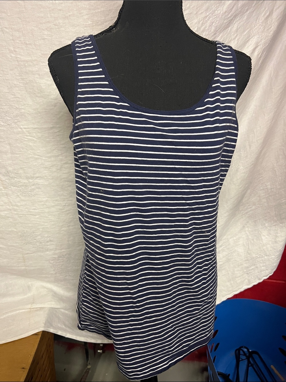 Duluth Trading Co Navy and White Striped Tank